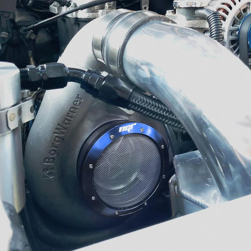 Load image into Gallery viewer, NGR Turbo Filter (Street Edition) - Blue Turbo Guard with 3in Diameter - Installation View
