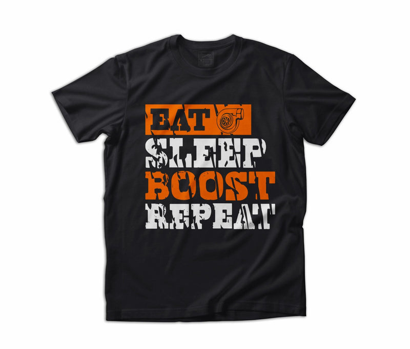 Load image into Gallery viewer, DUEB Eat Sleep Boost Repeat Crew Neck T-Shirt - Orange Design - Front
